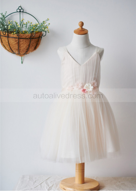 Champagne Pleated Tulle V Neck Short Flower Girl Dress
